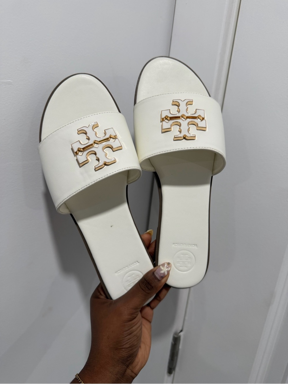 Tory Burch White Leather Gold-Logo Slide Sandals